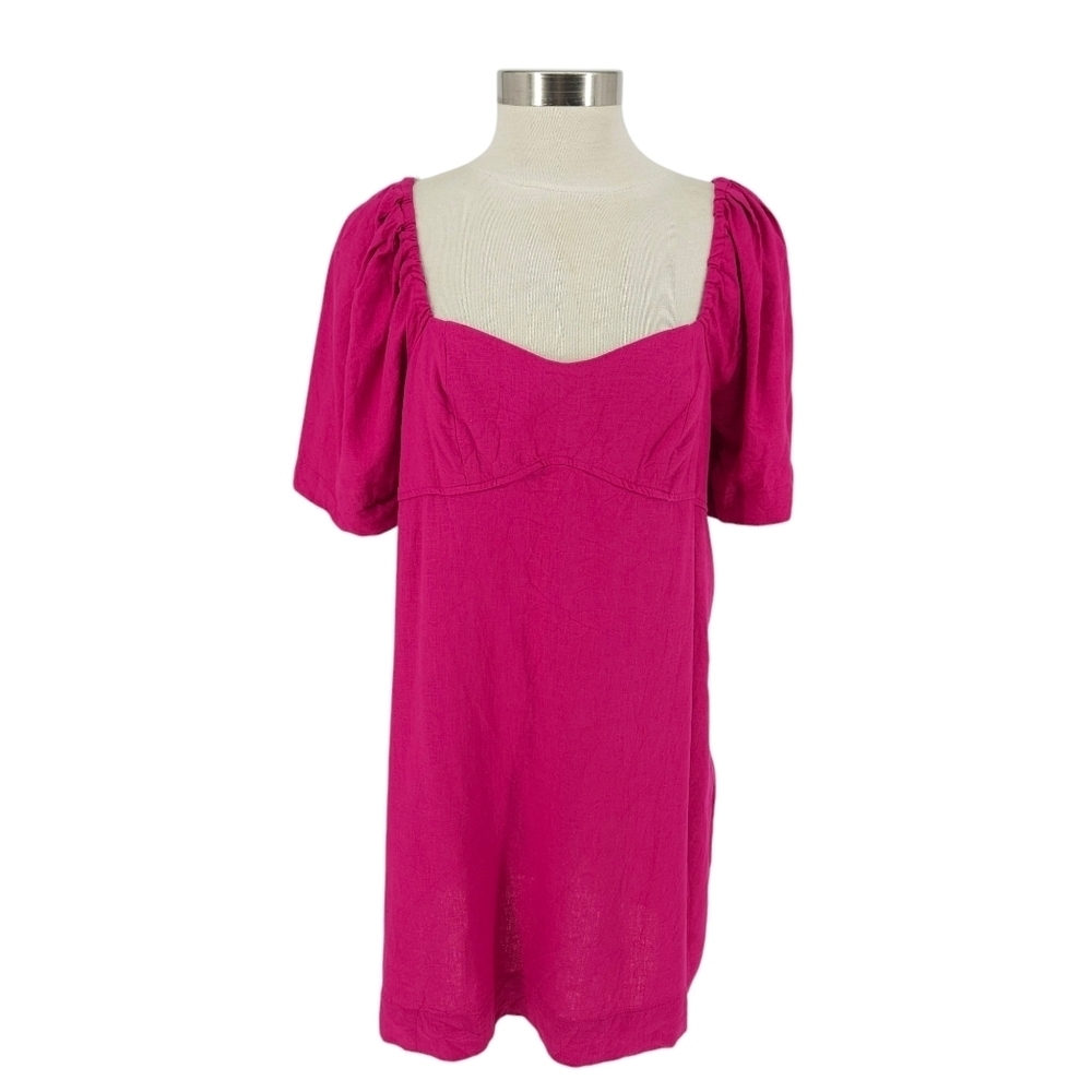 A New Day Sheath Dress Linen Pink Puff Short Sleeve Sweetheart Smocked Zip Large